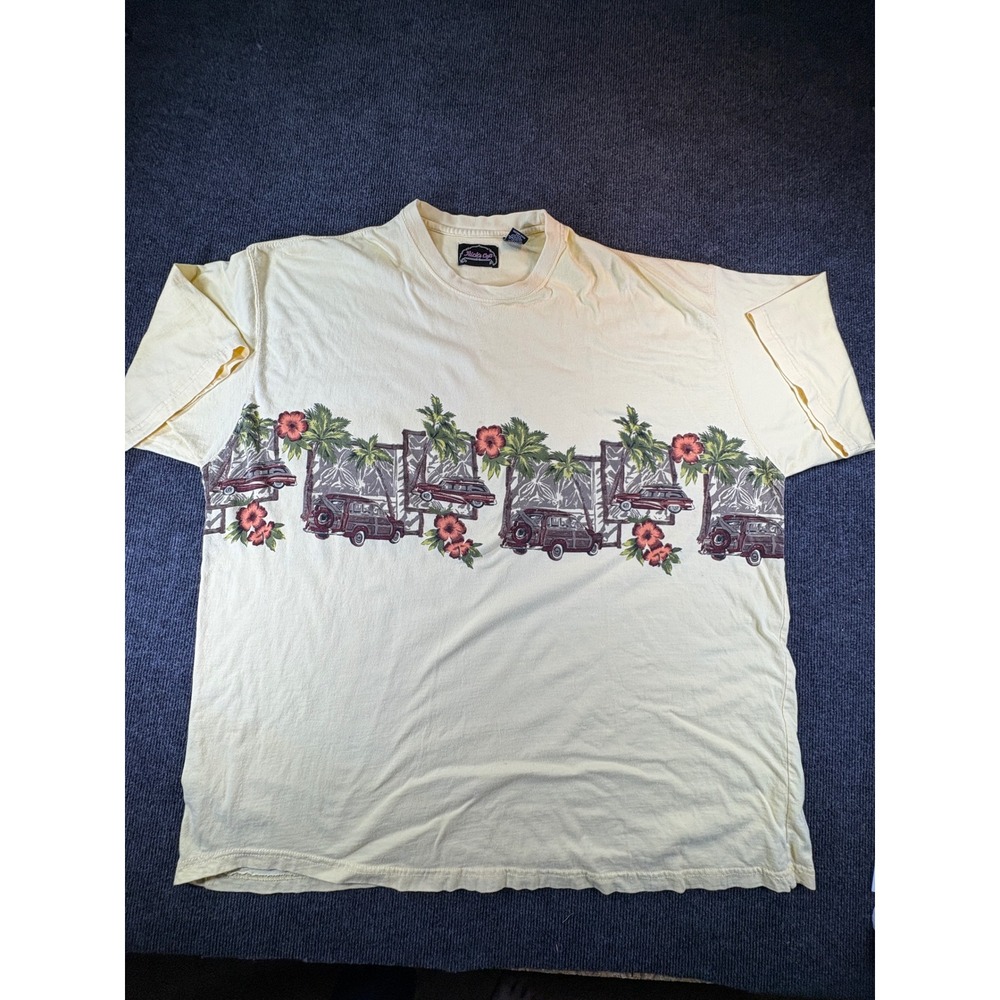 Ricks Cafe Mens 4X Yellow Tropical Woodie Car Graphic T-Shirt Cotton Surf Tee